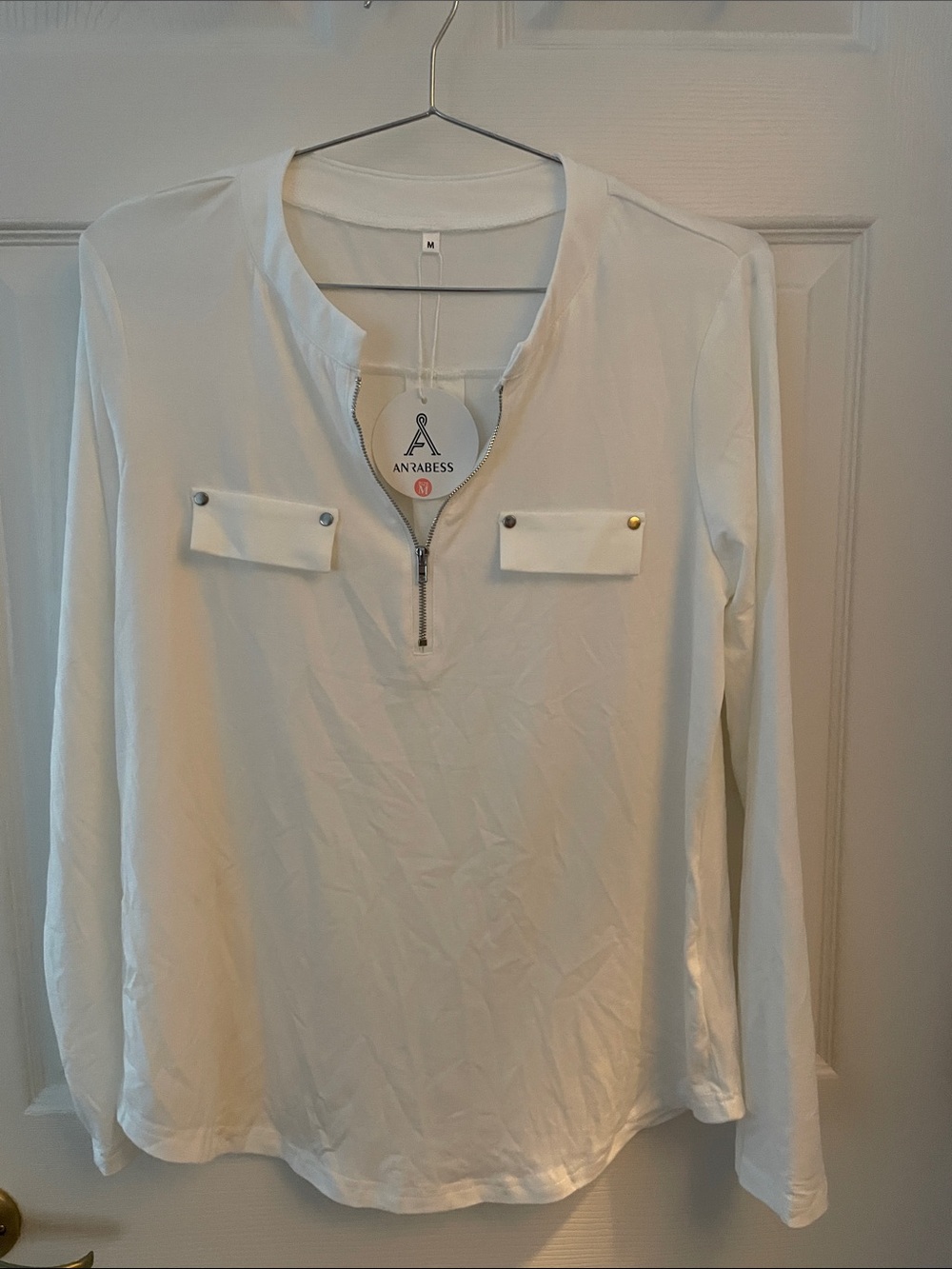 Anrabess White Long-Sleeve V-Neck Top, M